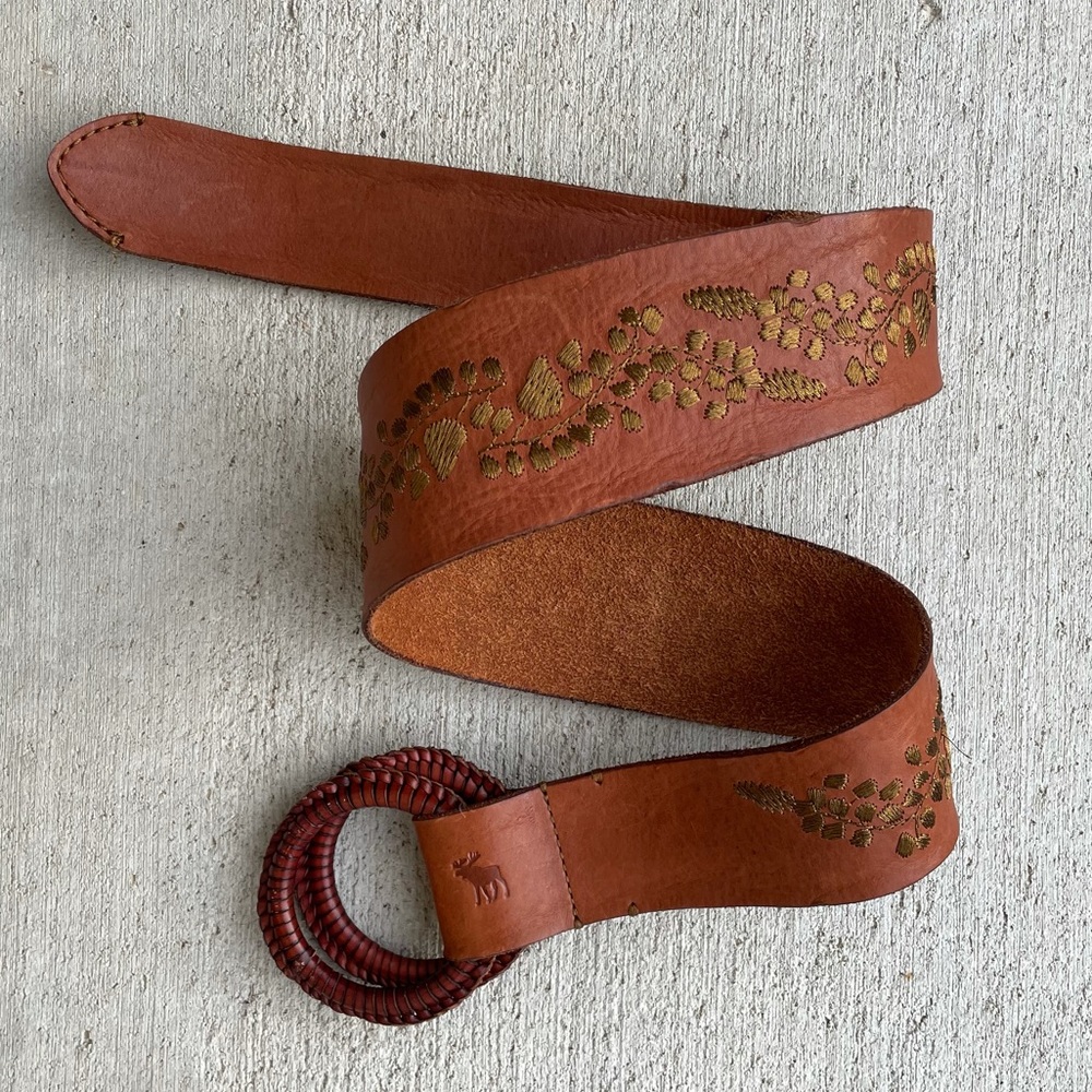 AF wide embroidered leather belt tan camel color M/L